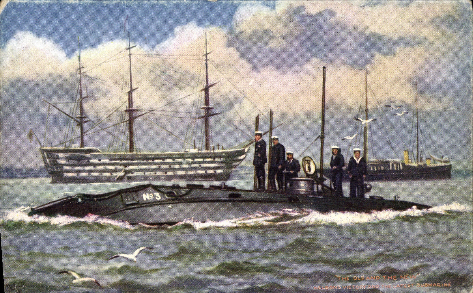 VINTAGE POSTCARD Boat War Belsons Victory and the latest submarine Submarine