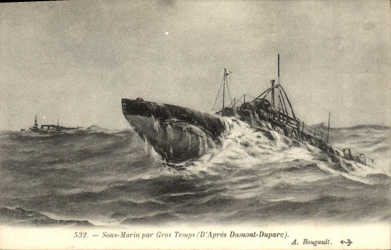VINTAGE POSTCARD Boat War Submarine by heavy weather D after Dumont Duparc