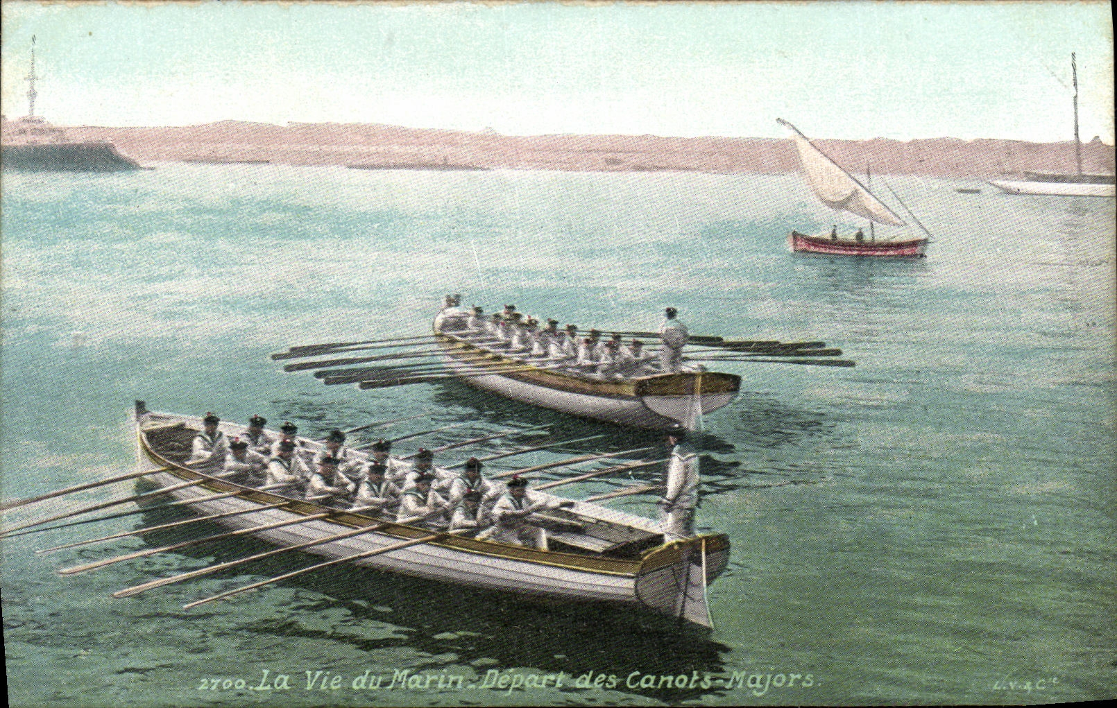 Vida del barco de la POSTAL de la VENDIMIA de la salida del marinero de los barcos comandantes