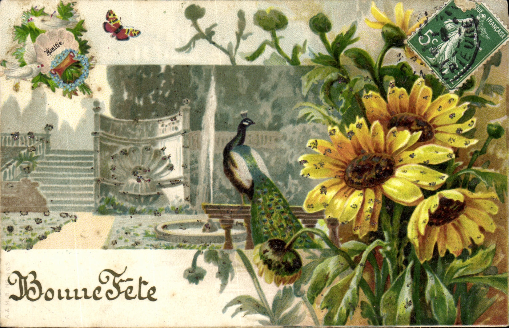 CPA Fantaisie Fleurs Paon OiseauPapillon 