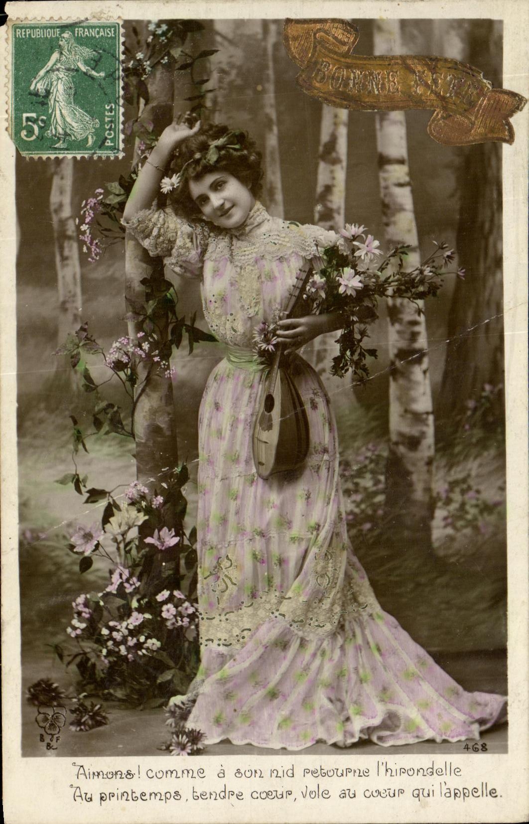 CPA Fantaisie Fleurs FEmme Mandoline 