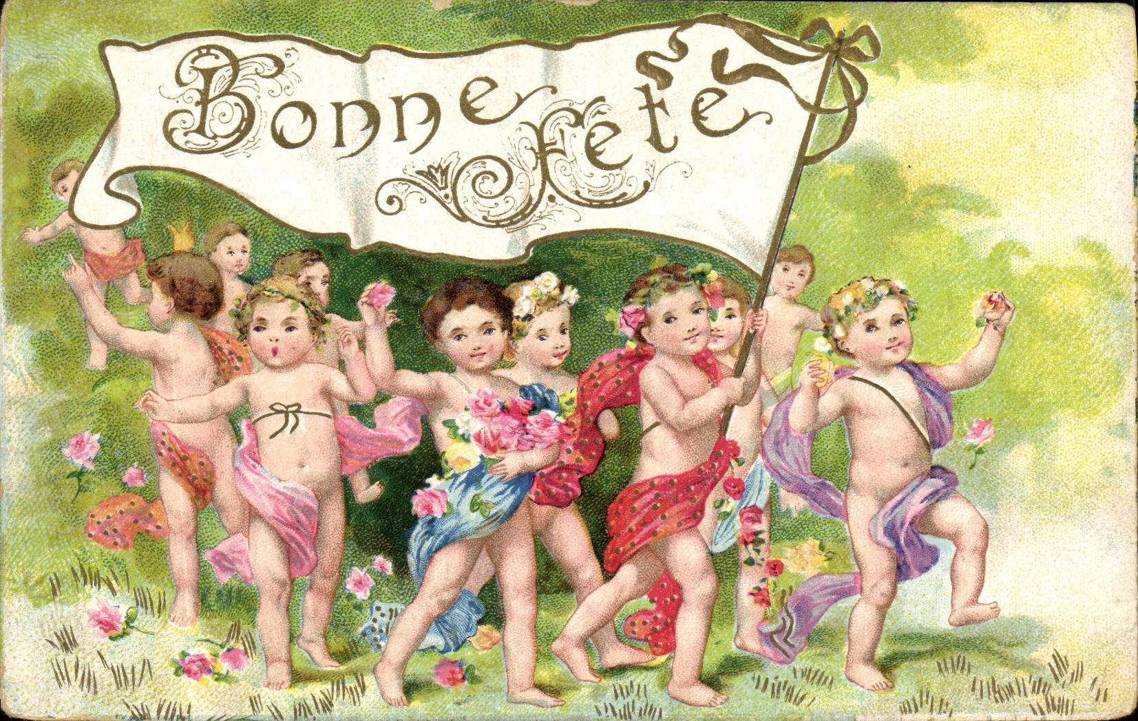 VINTAGE POSTCARD Fantasy Flowers naked Children Good festival Angels