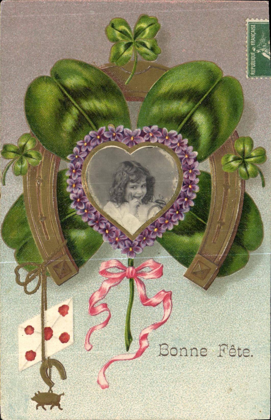 VINTAGE POSTCARD Fantaisie Flowers Child Clover Horseshoe Cochon
