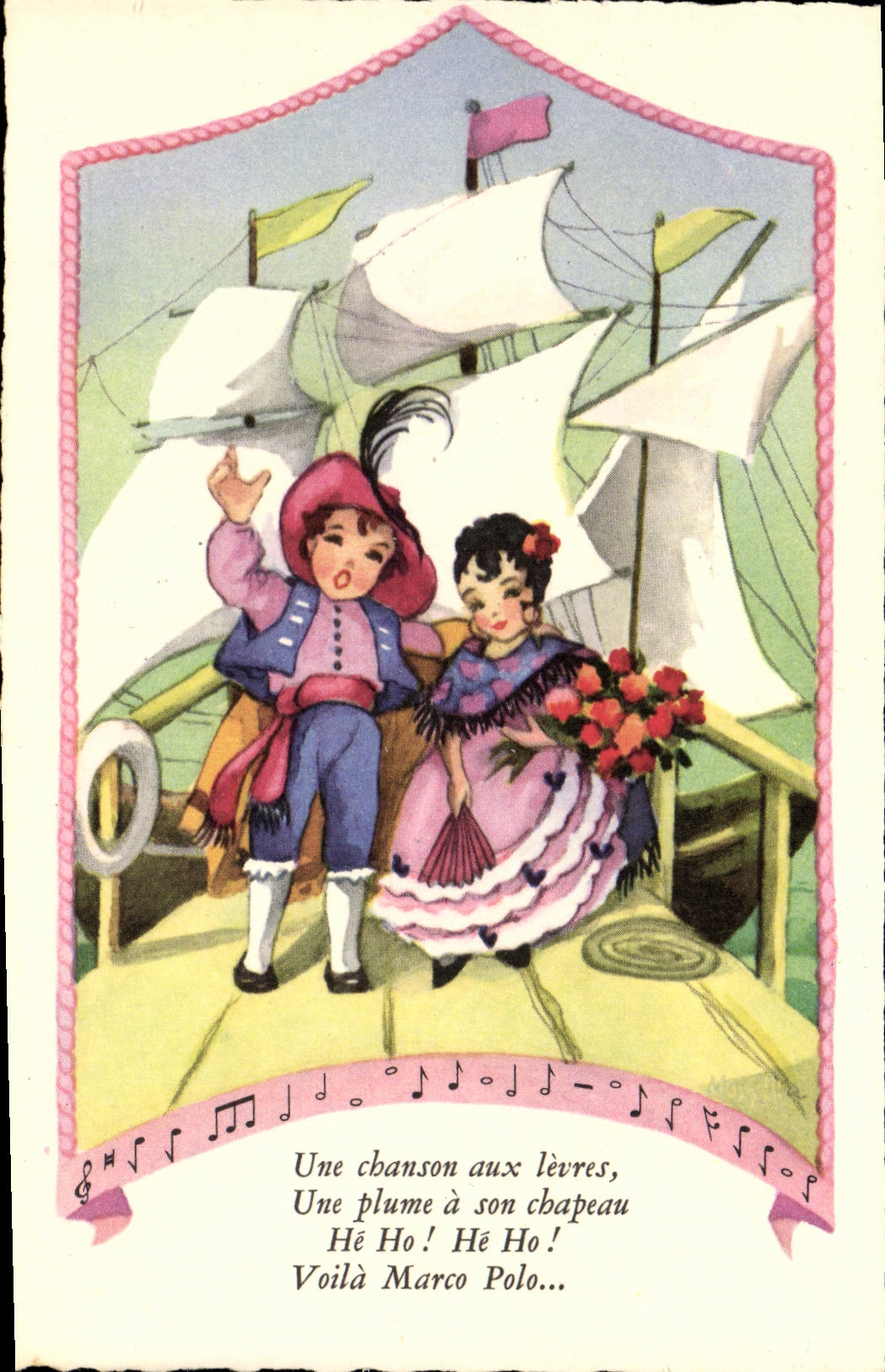 VINTAGE POSTCARD Fantasy Children sailing ship