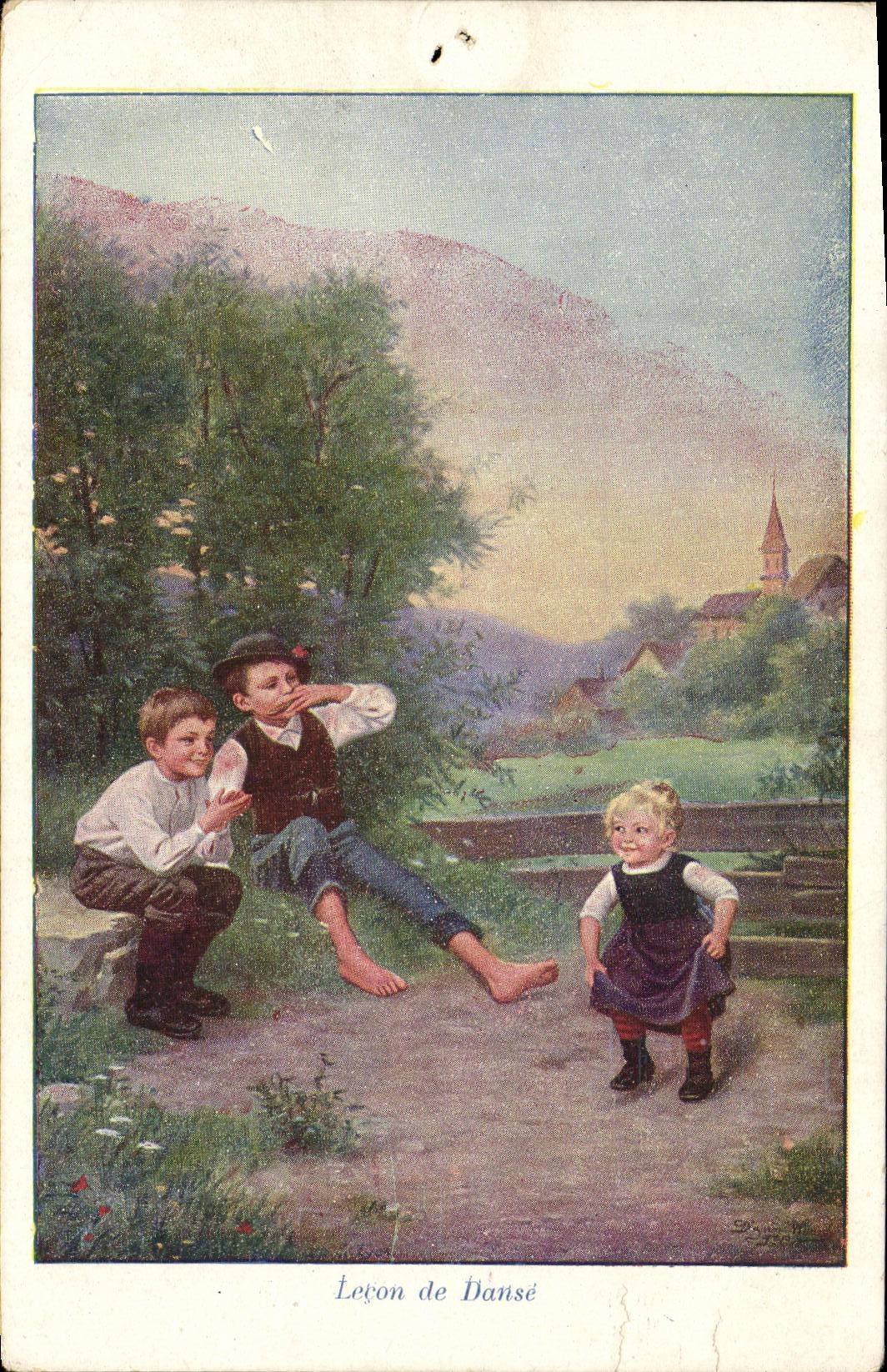 VINTAGE POSTCARD Fantasy Children Lesson of dance