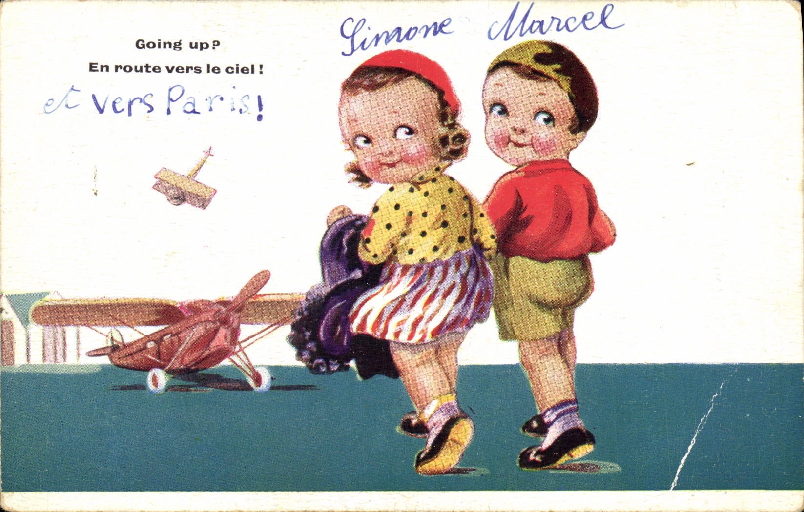 VINTAGE POSTCARD Fantasy Children Plane Towards Paris