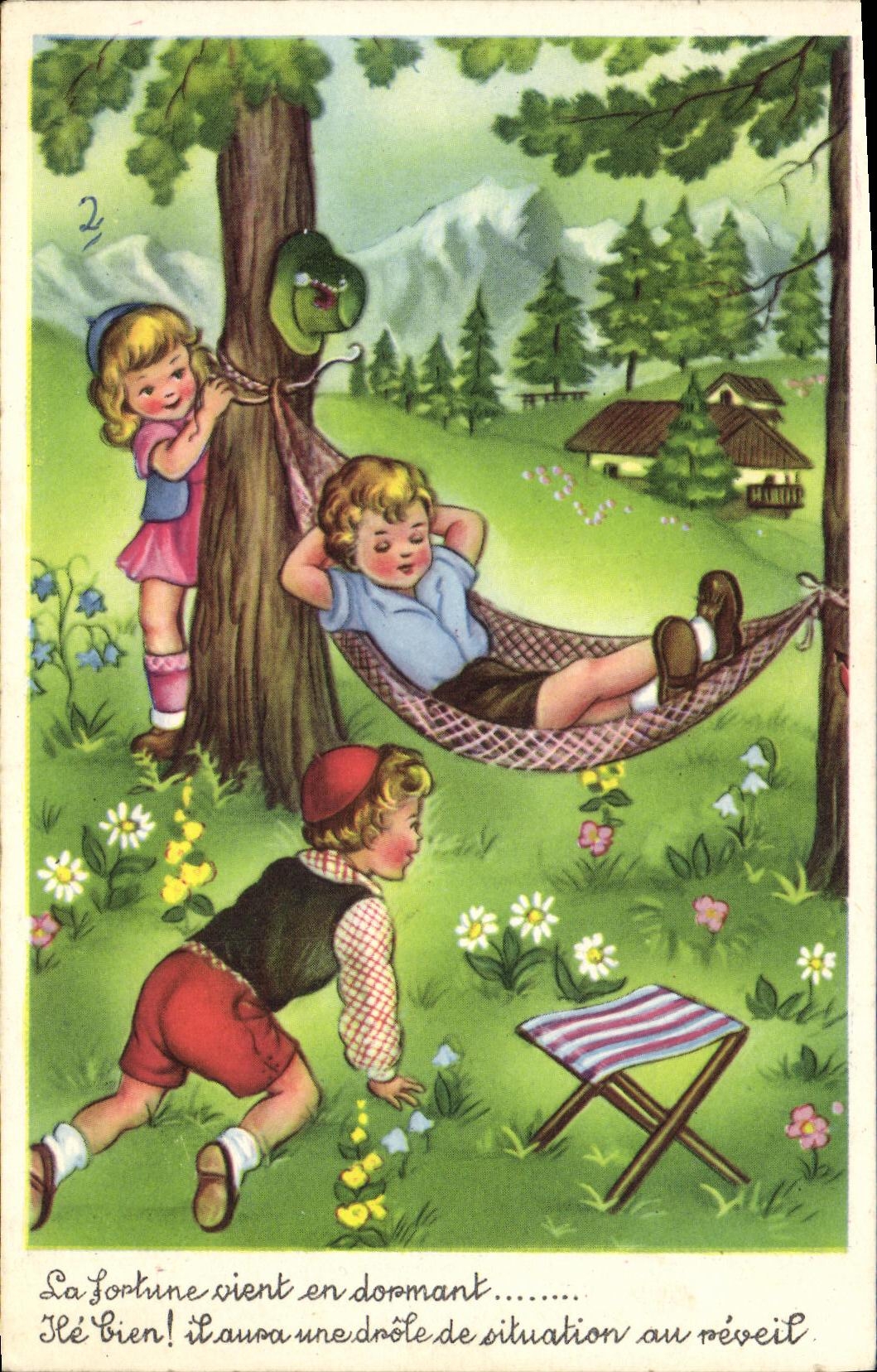 VINTAGE POSTCARD Fantaisie Children fortune comes while sleeping