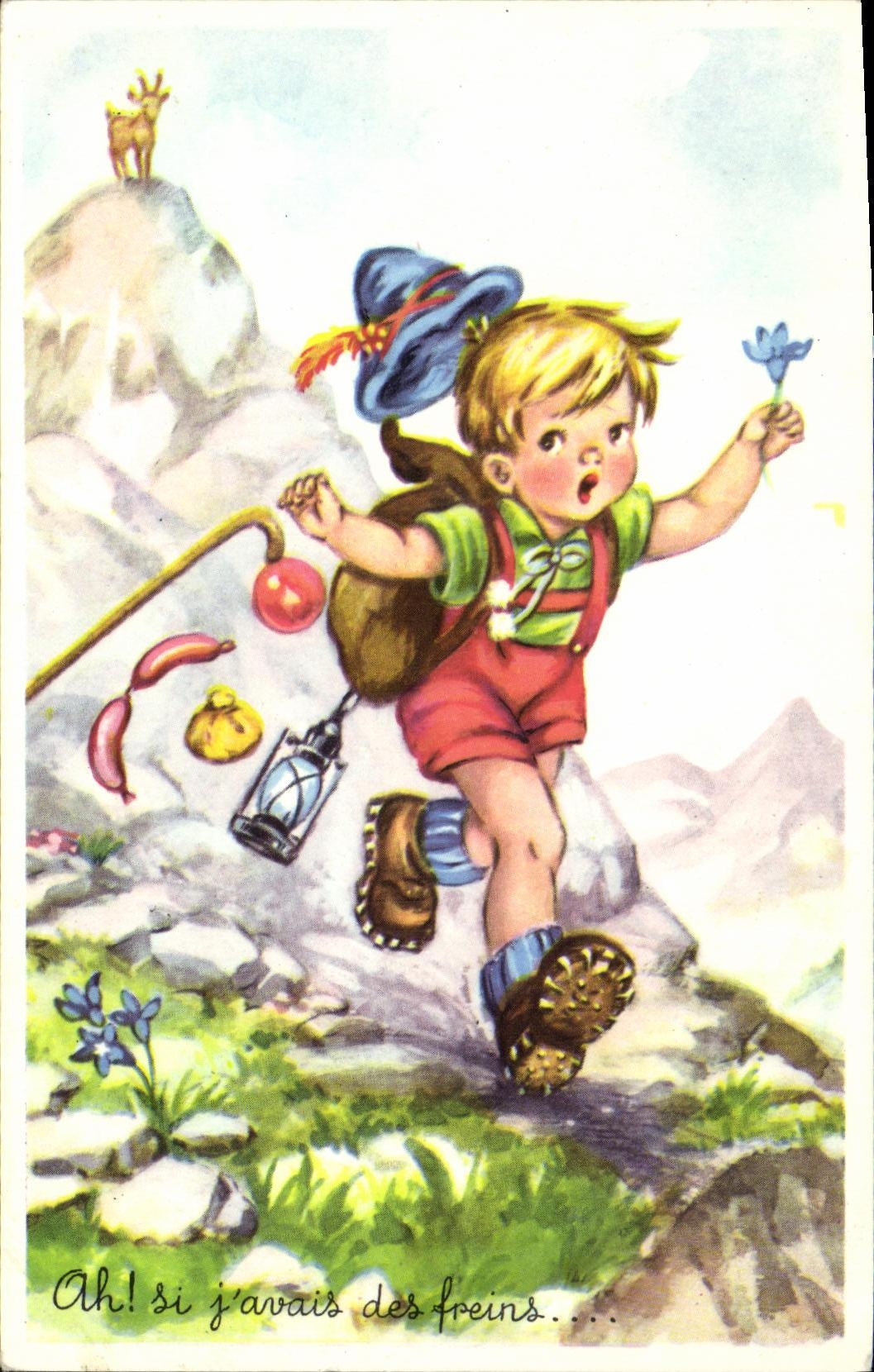 VINTAGE POSTCARD Fantaisie Ah Children if J had flowers Alpinisme Goat