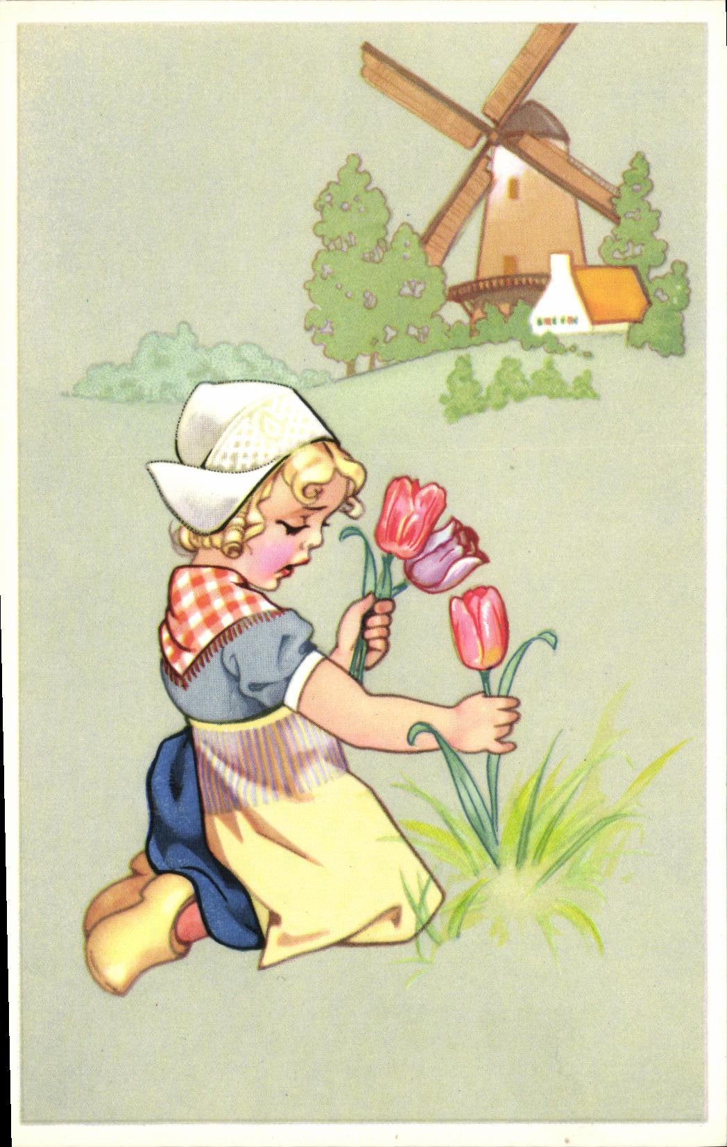 CPA Fantaisie Enfant Moulin Tulipes