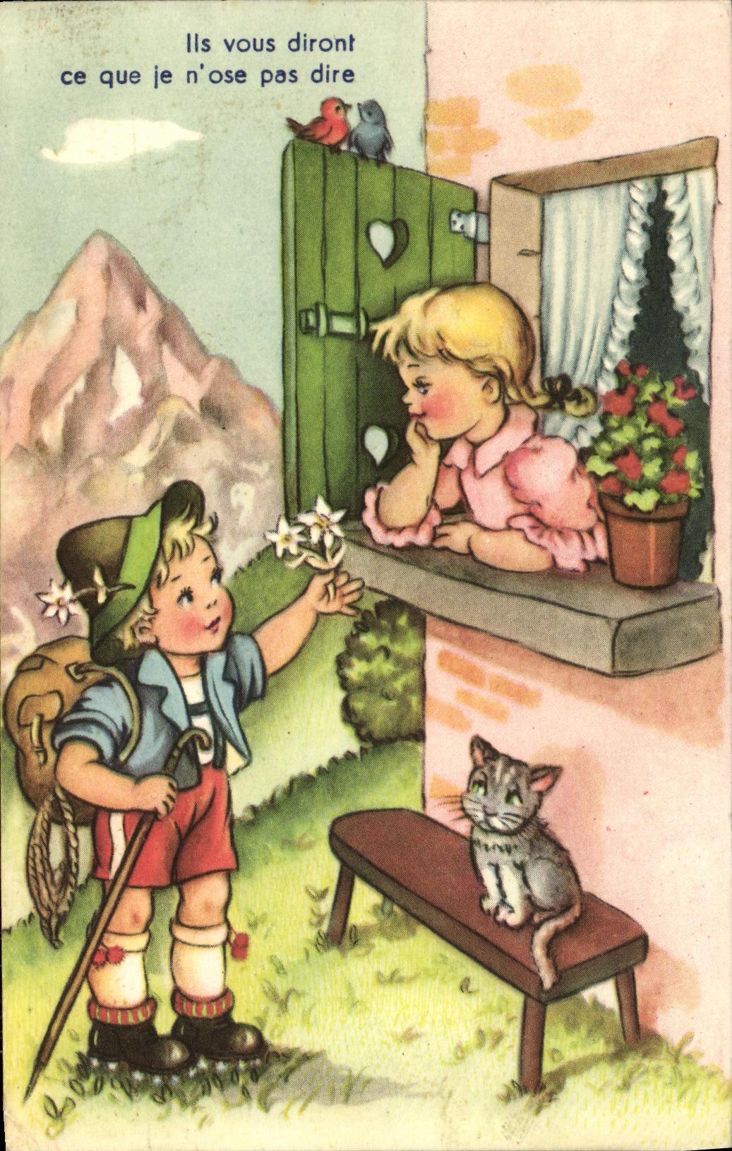 VINTAGE POSTCARD Fantasy Children Alpinism Cat