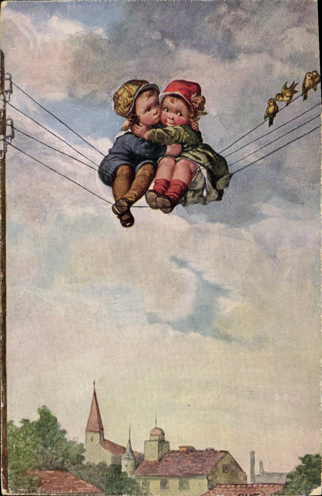 VINTAGE POSTCARD Fantasy Children on telegraphic wire