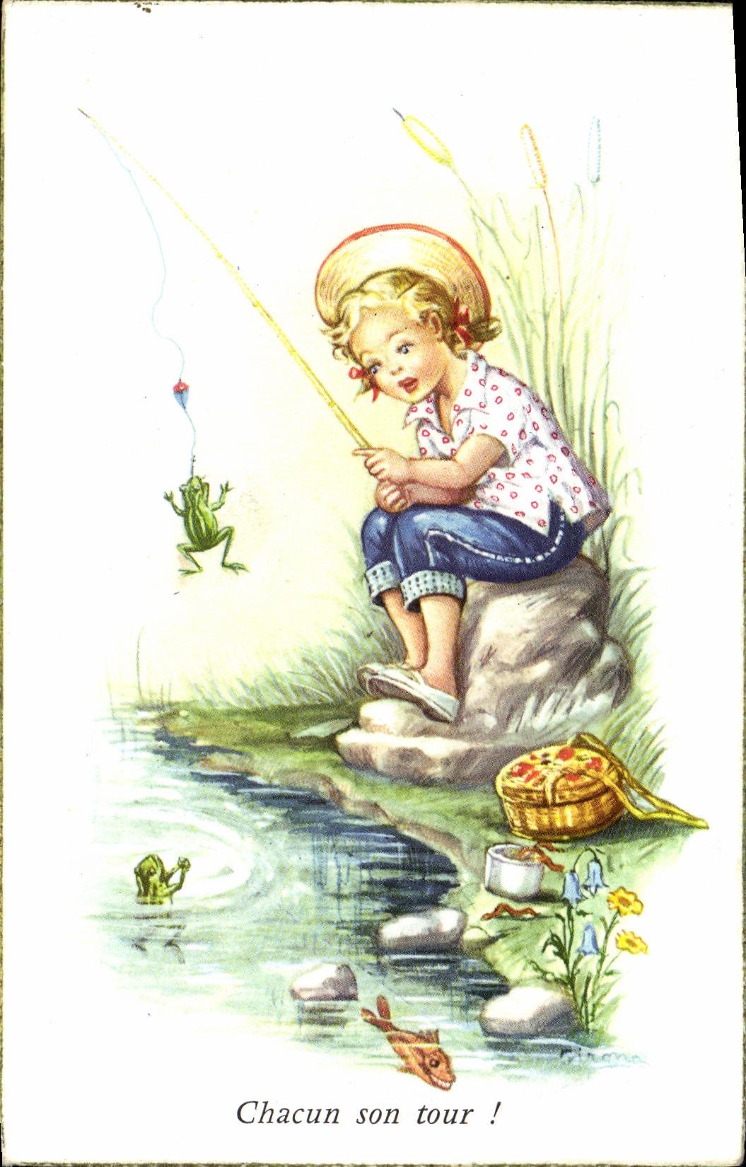 VINTAGE POSTCARD Fantaisie Children Fishes Each one his Grenouille tower
