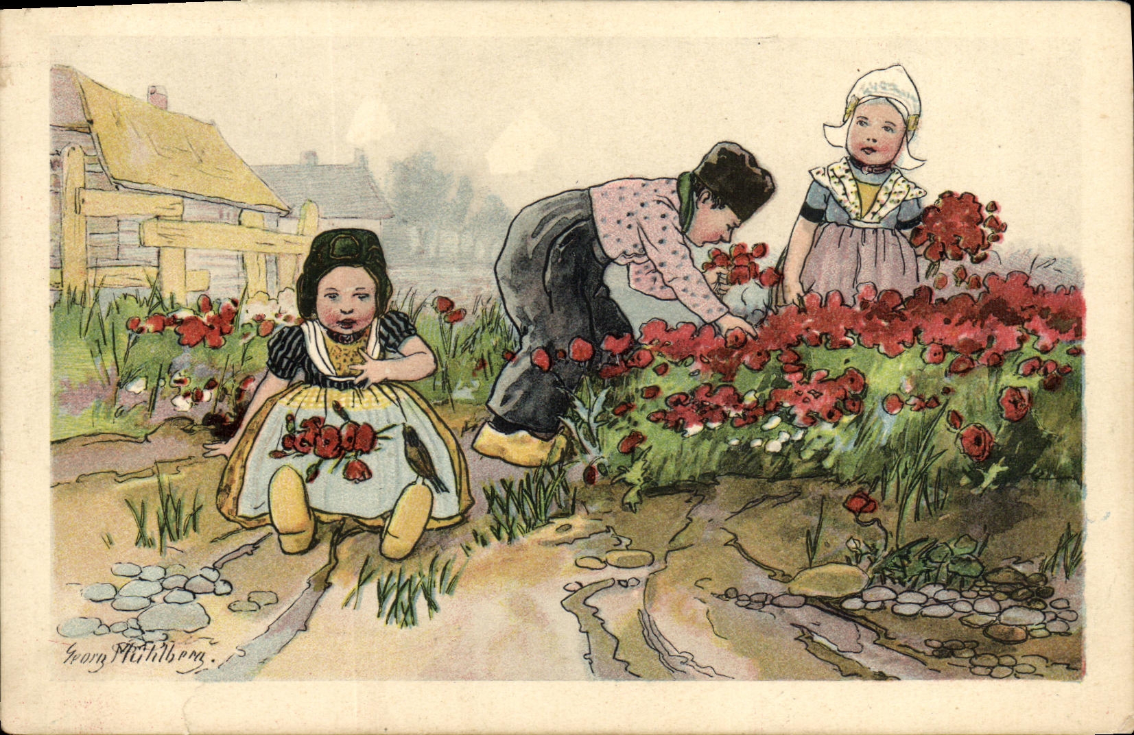 VINTAGE POSTCARD Fantasy Children Gathering of the flowers
