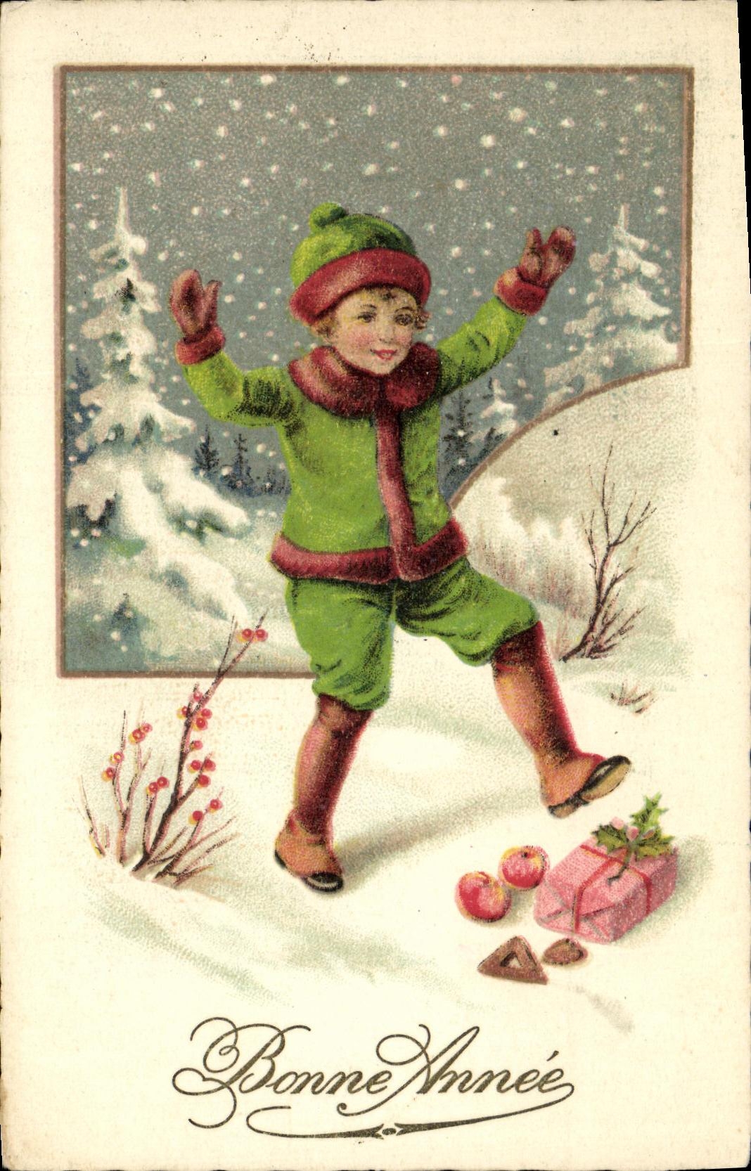VINTAGE POSTCARD Fantasy Child Happy New Year with snow