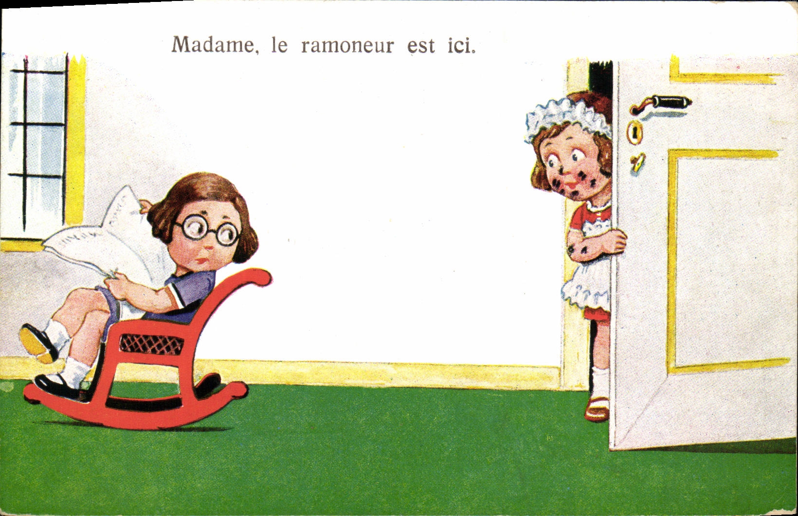 VINTAGE POSTCARD Fantaisie Children Mrs the chimney sweeper is here