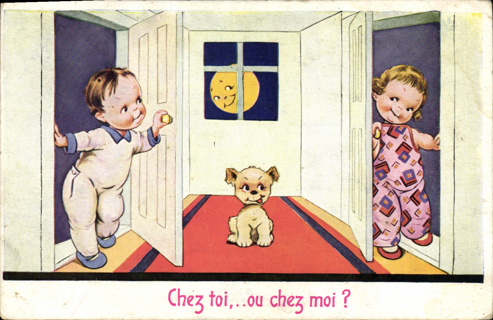 VINTAGE POSTCARD Fantasy Children At home Dog