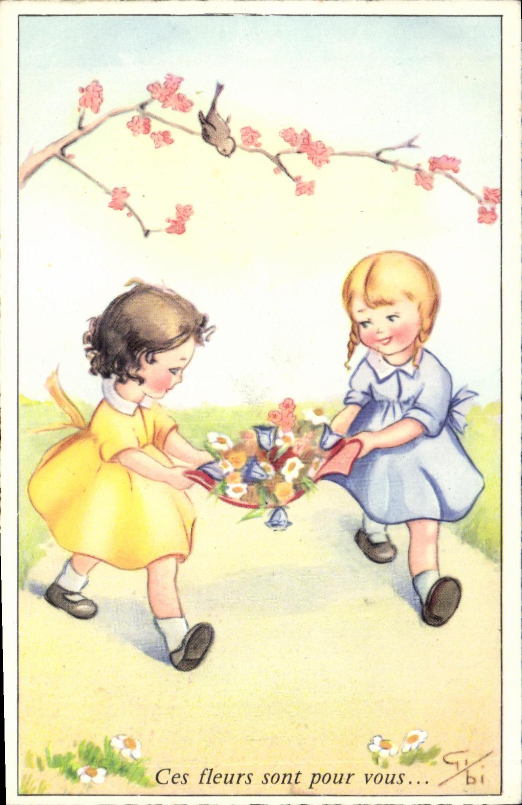 VINTAGE POSTCARD Fantaisie Children These flowers are for you