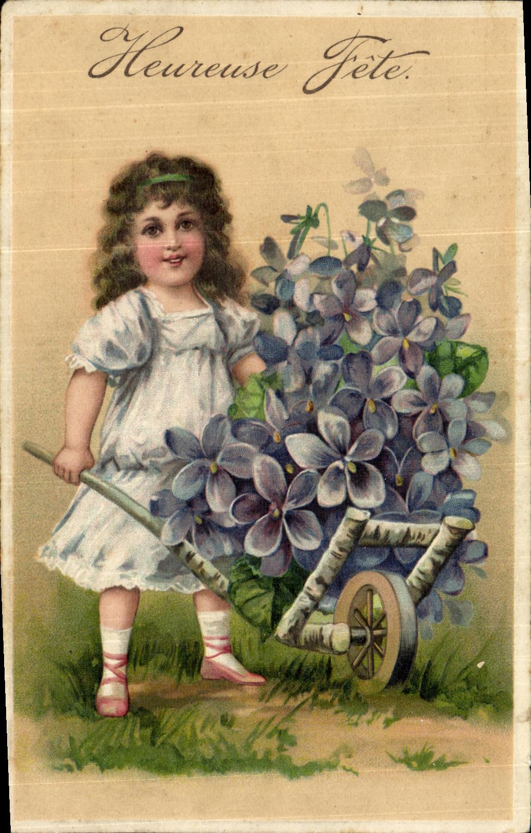 VINTAGE POSTCARD Fantasy Flowers Child Wheelbarrow