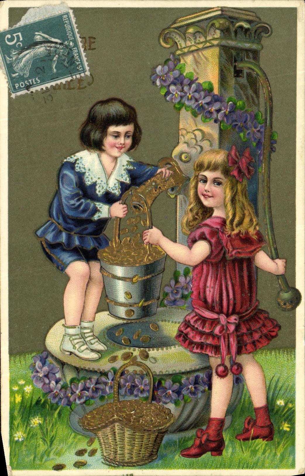 VINTAGE POSTCARD Fantasy Children Well