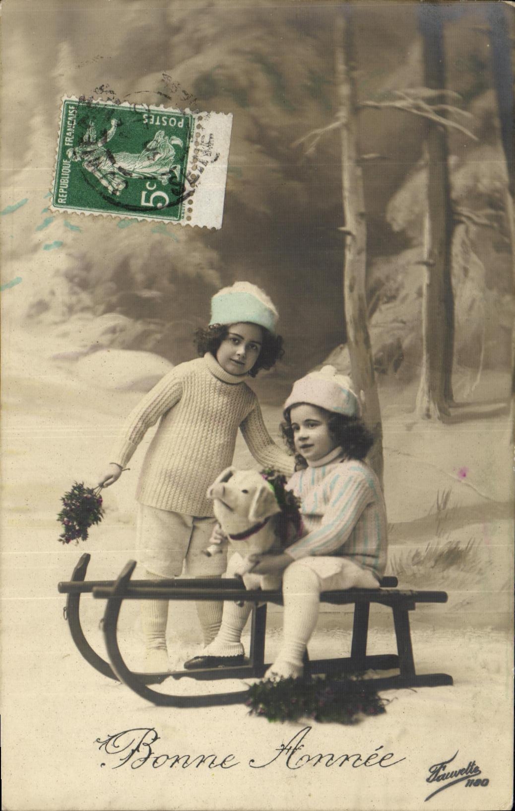 VINTAGE POSTCARD Fantasy Children Happy New Year Toboggan Pig