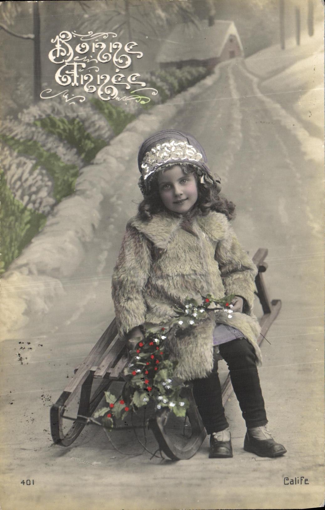 VINTAGE POSTCARD Fantasy Child Toboggan Happy New Year