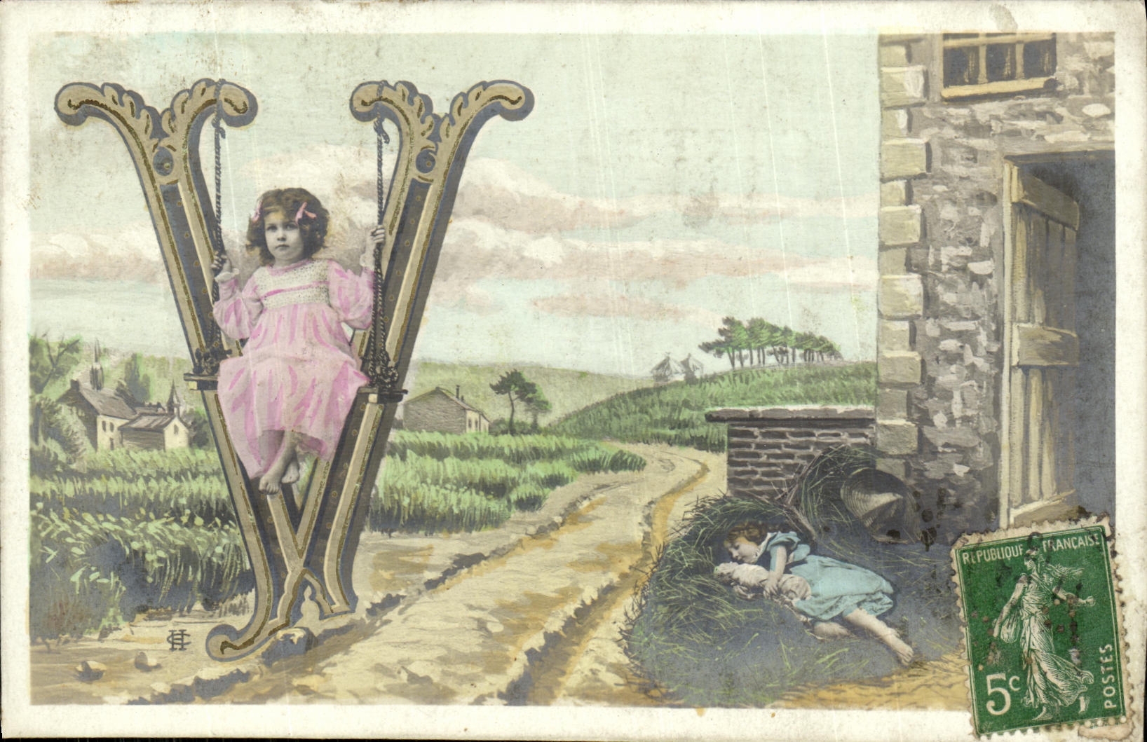 VINTAGE POSTCARD Fantasy Child Letter V