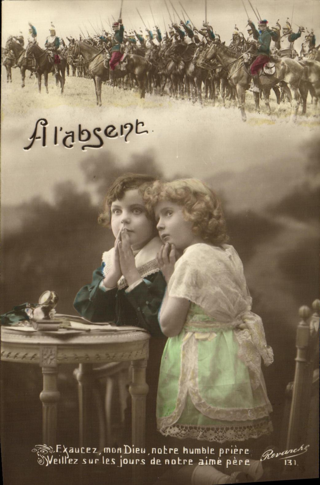 VINTAGE POSTCARD Fantaisie Children has L absent Militaria Chevaux