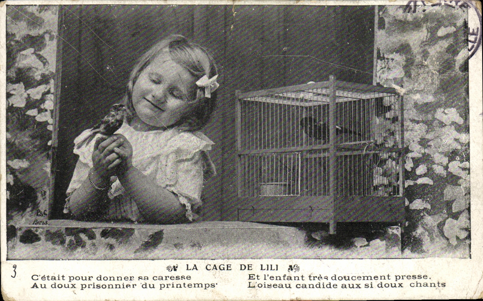 VINTAGE POSTCARD Fantasy Child and bird the cage of Lili
