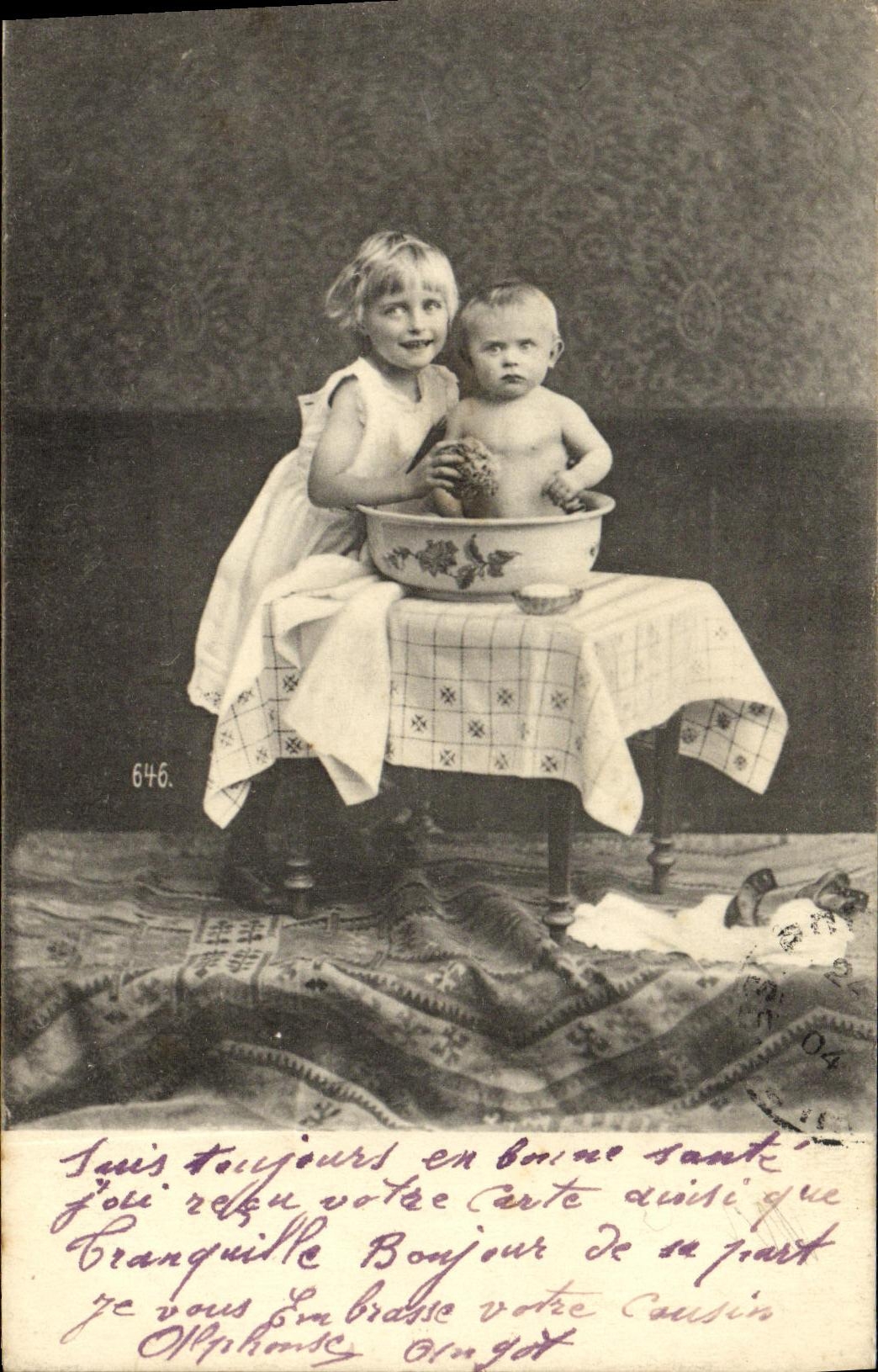 VINTAGE POSTCARD Fantasy Children Baby the bath