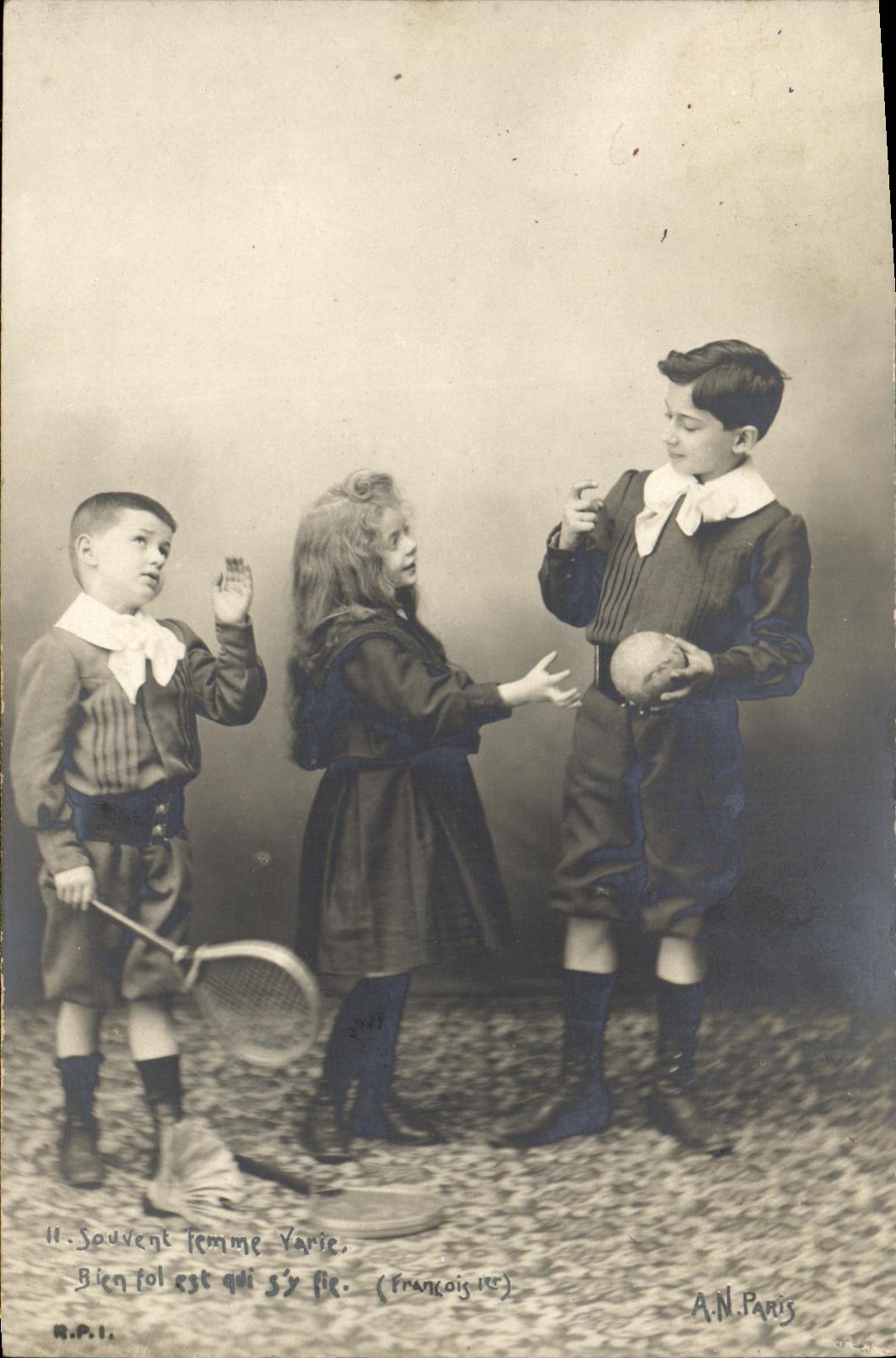 VINTAGE POSTCARD Fantaisie Children Tennis Woman is fickle Well fol is which S made Francois there 1st