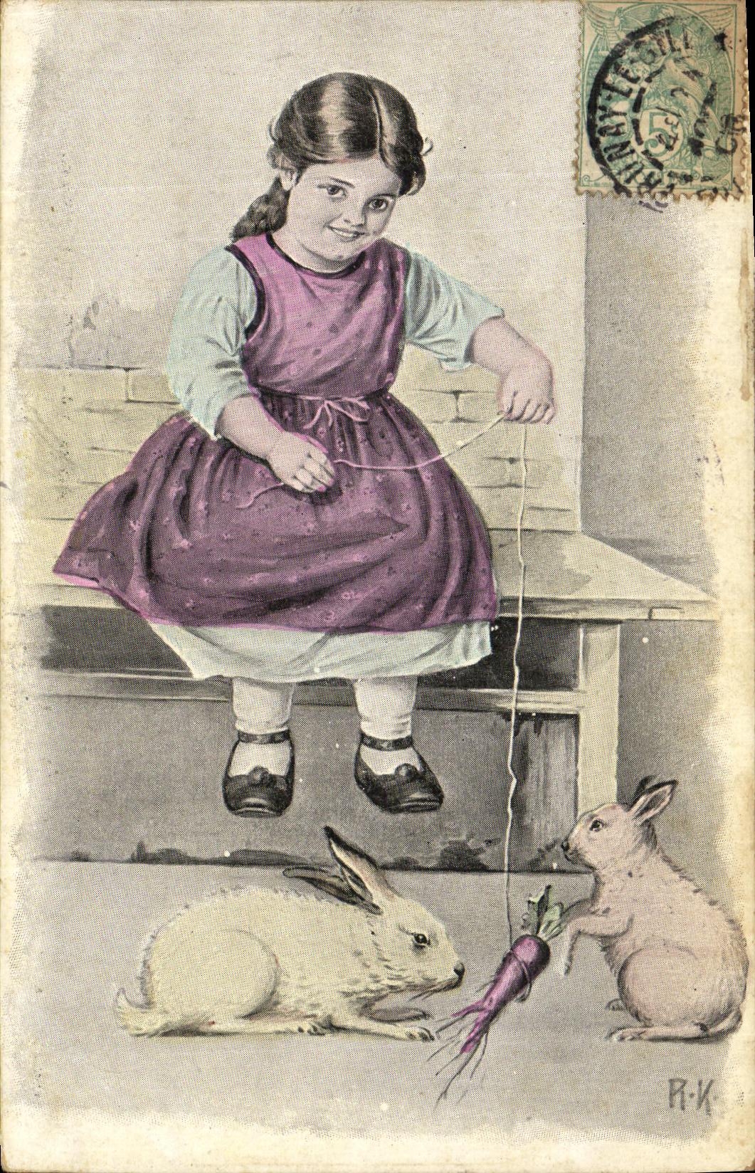 VINTAGE POSTCARD Fantasy Child Rabbits rabbit Carrot