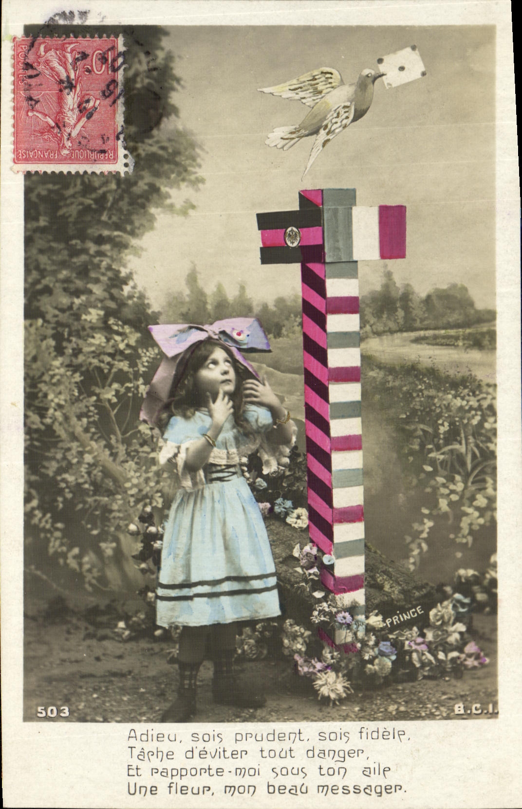 VINTAGE POSTCARD Fantasy Lorraine Alsace Child Dove