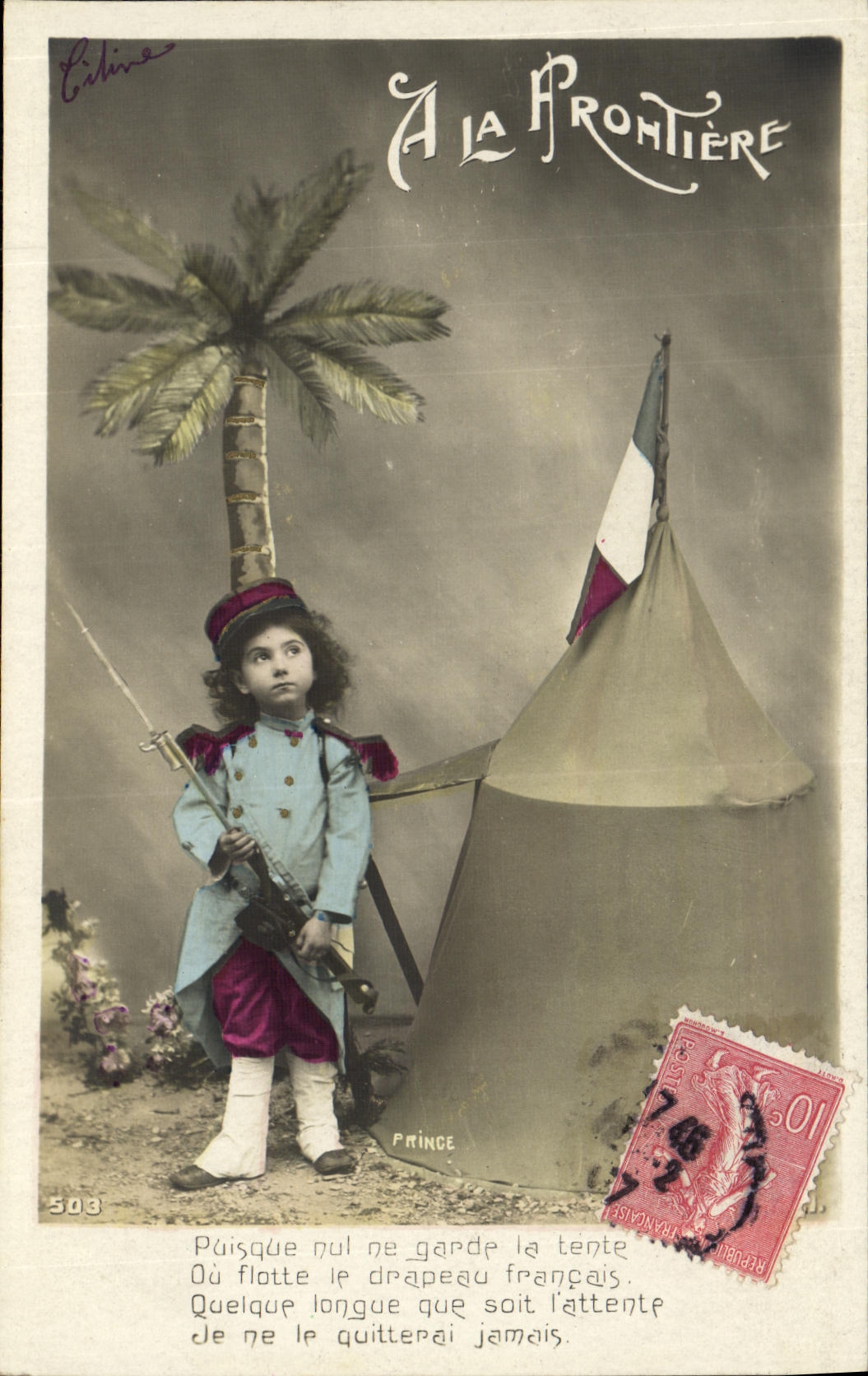 VINTAGE POSTCARD Fantasy Child At the border Dove Militaria Palm tree
