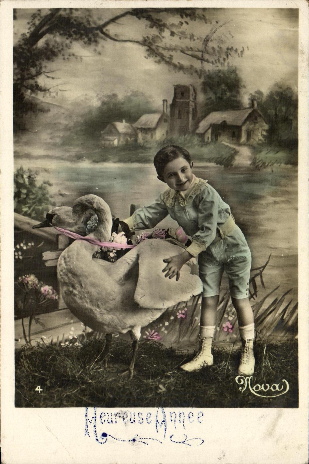 VINTAGE POSTCARD Fantasy Child Swan Bird