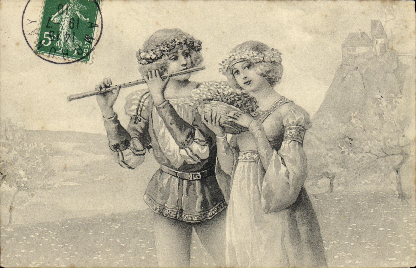 VINTAGE POSTCARD Fantasy Children Flute