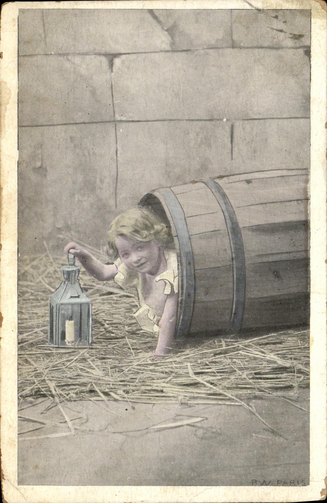 VINTAGE POSTCARD Fantasy Child in a barrel