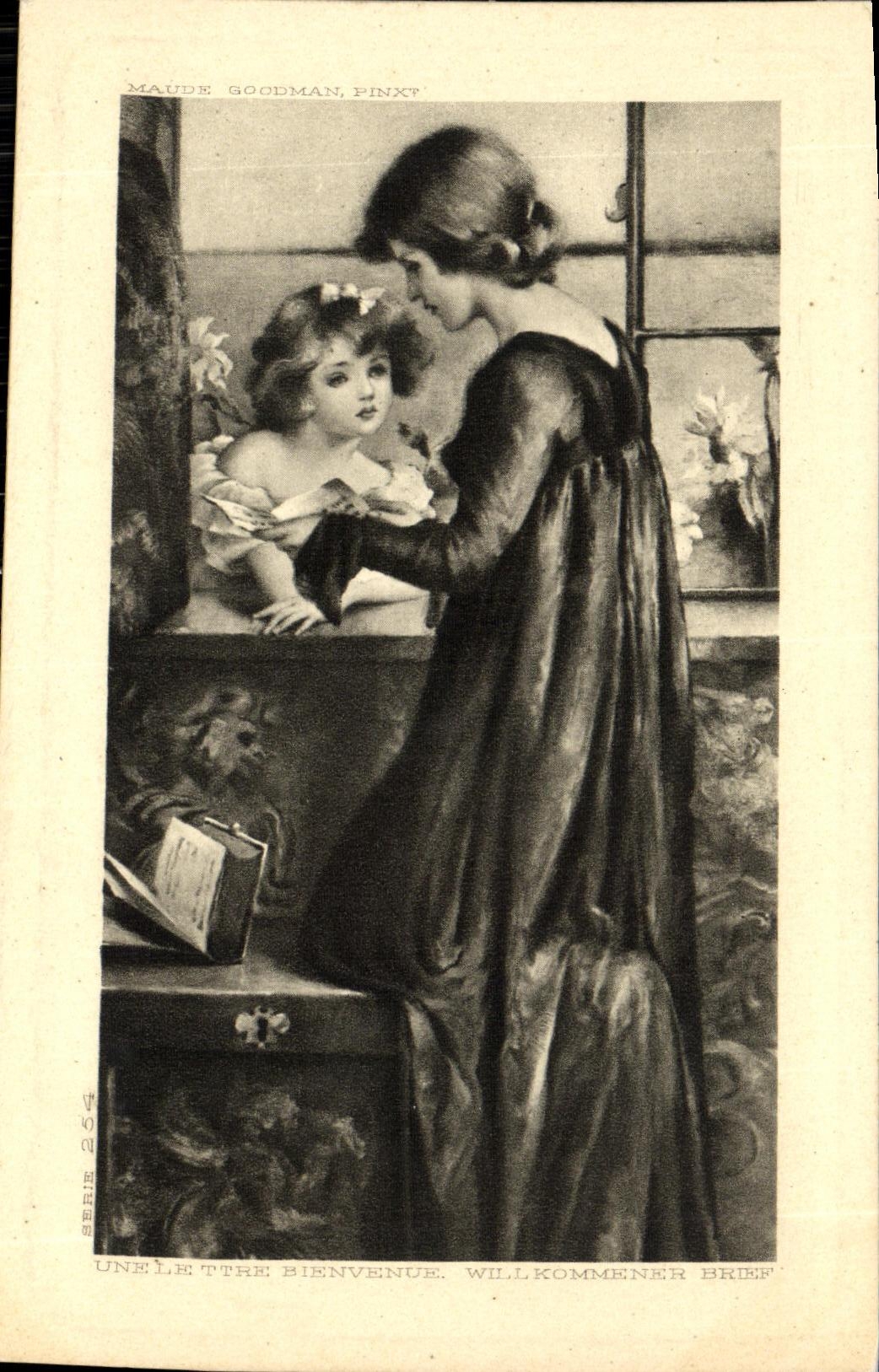 CPA Fantaisie Enfant Femme Une lettre de vienvenue 