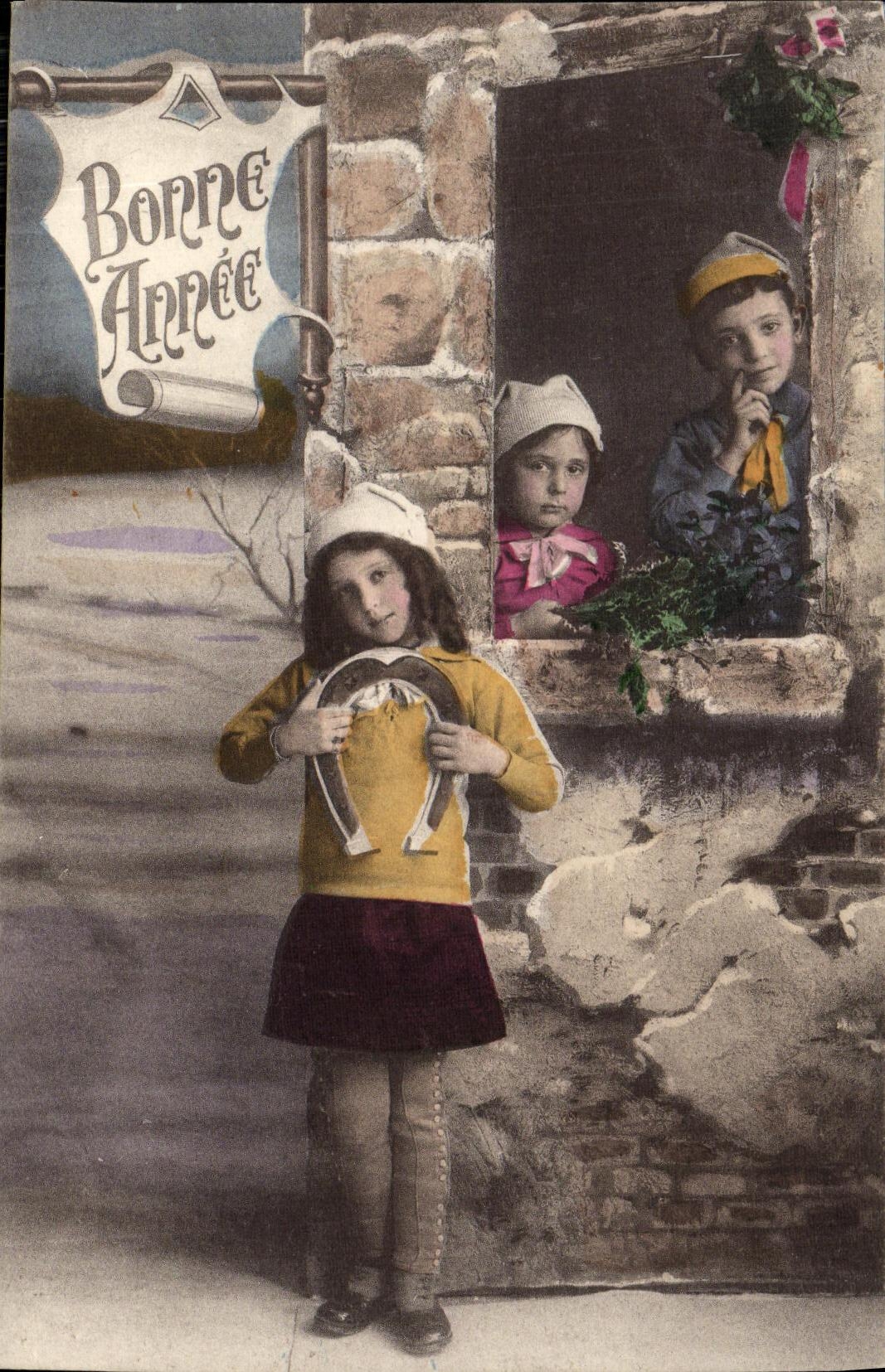 VINTAGE POSTCARD Fantaisie Children Happy New Year Horseshoe