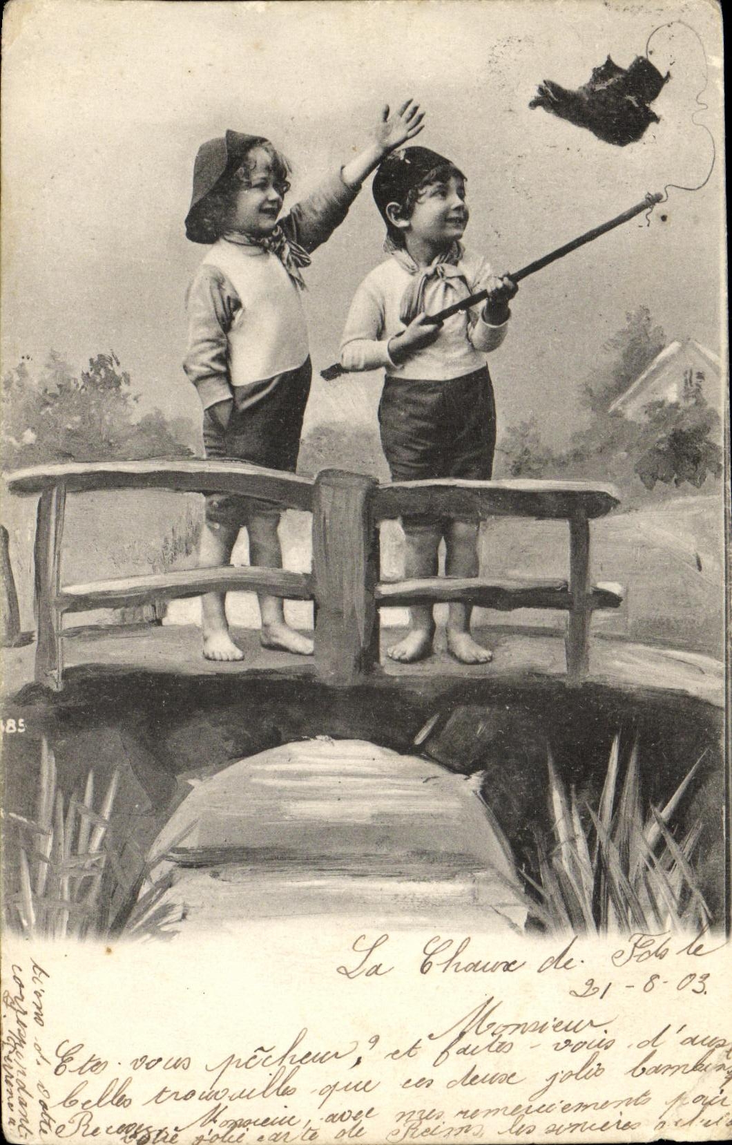 VINTAGE POSTCARD Fantaisie Children Fishes Shoe