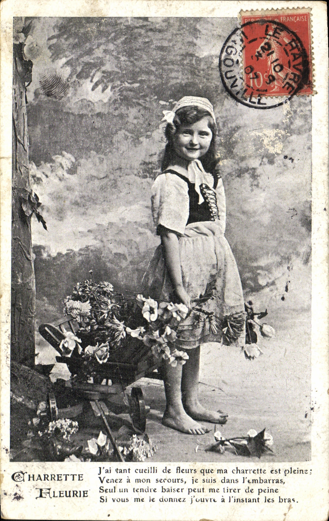 VINTAGE POSTCARD Fantasy Child flowered Cart