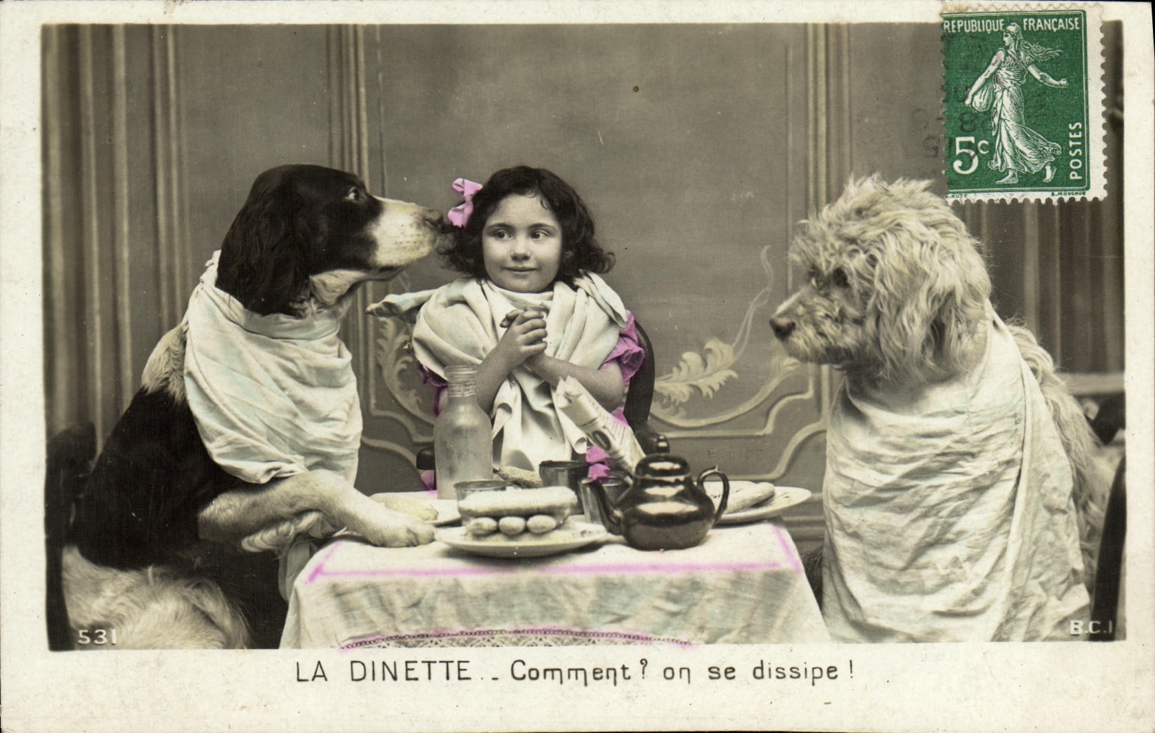 VINTAGE POSTCARD Fantasy Child the doll s tea party Dogs