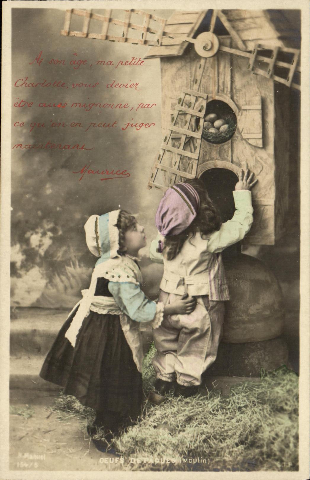 CPA Fantaisie Enfants Oeufs de Paques Moulin