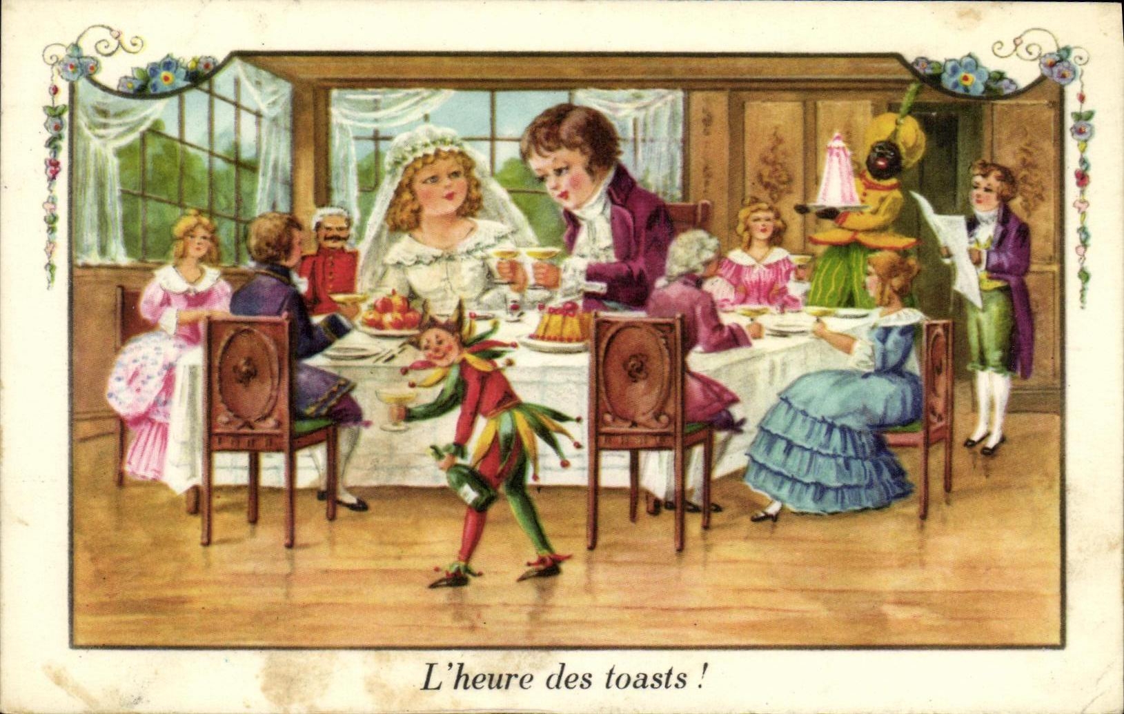VINTAGE POSTCARD Fantasy Children L hour of the toasts Buffoon Clown Marriage
