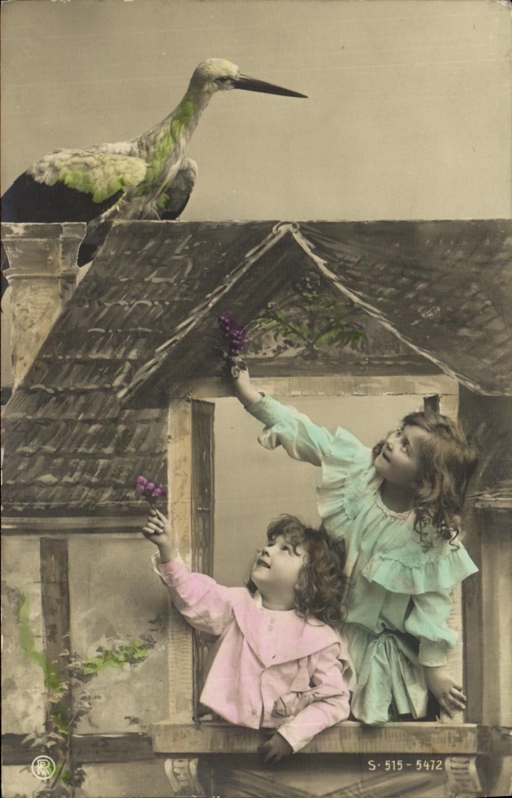 VINTAGE POSTCARD Fantasy Children and stork