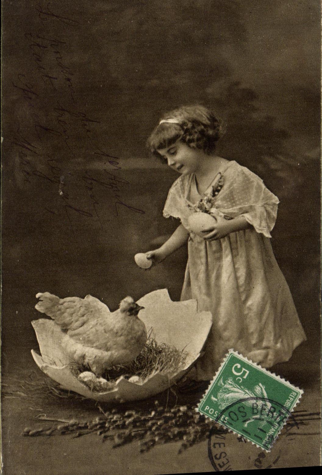 VINTAGE POSTCARD Fantasy Child Hen Egg