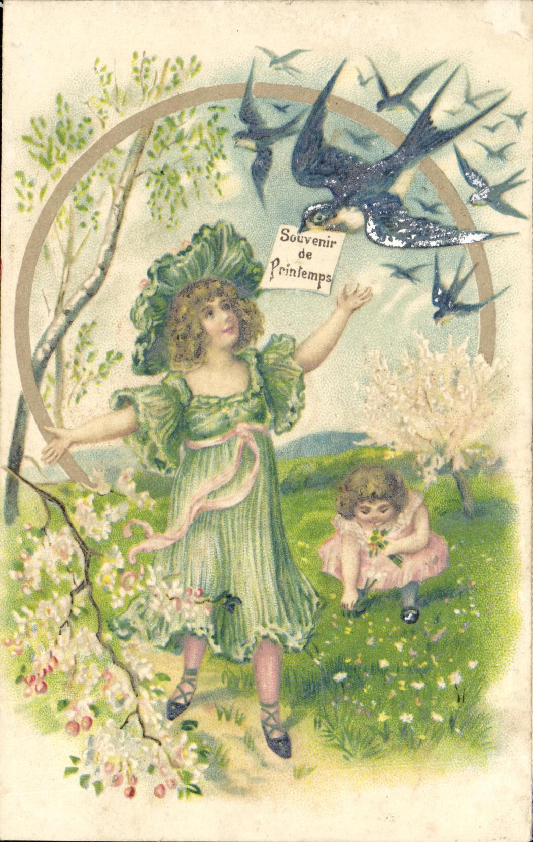 VINTAGE POSTCARD Fantasy Children Swallows