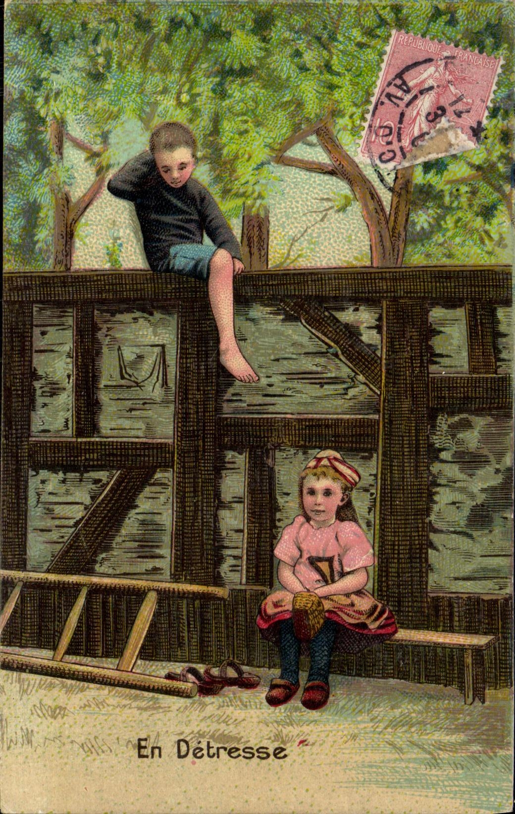 VINTAGE POSTCARD Fantasy Children In distress