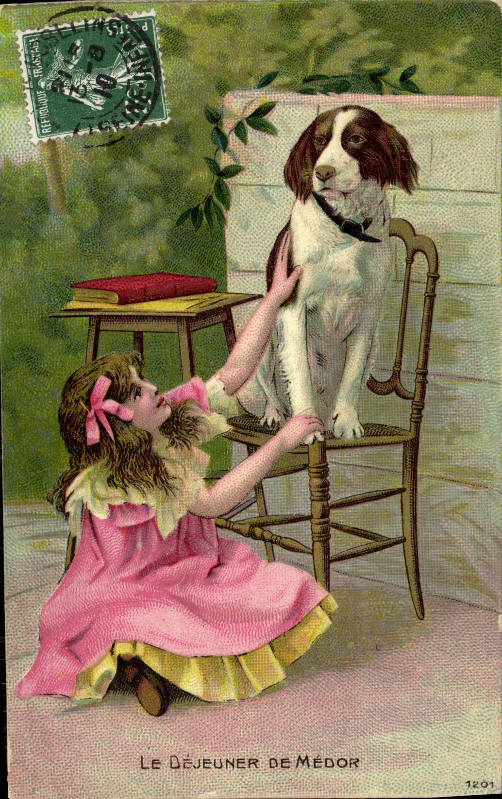 CPA Fantaisie Enfant Le dejeuner de Medor Chien