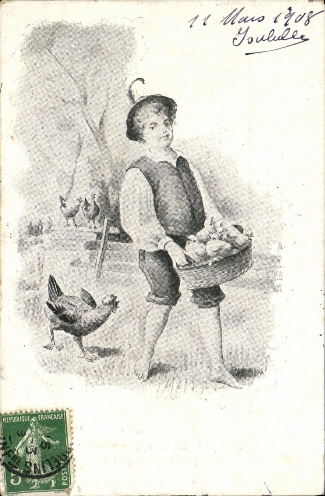 VINTAGE POSTCARD Fantasy Child and hen