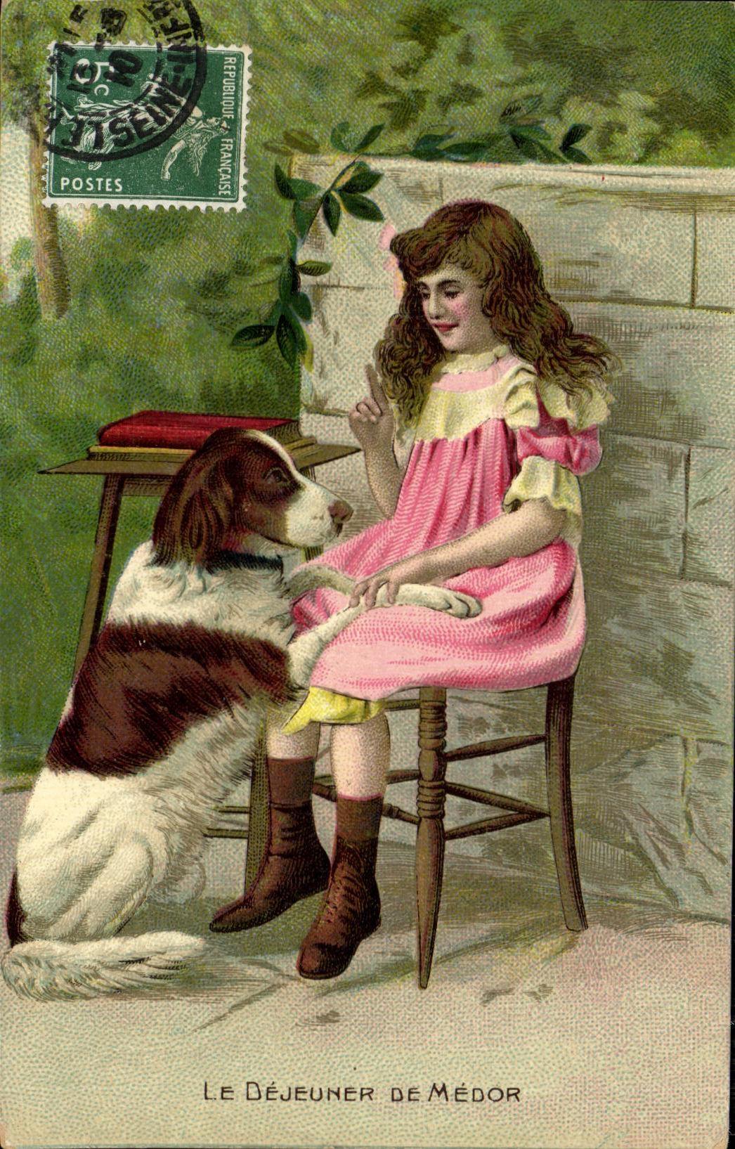 CPA Fantaisie Enfant Le dejeuner de Medor Chien